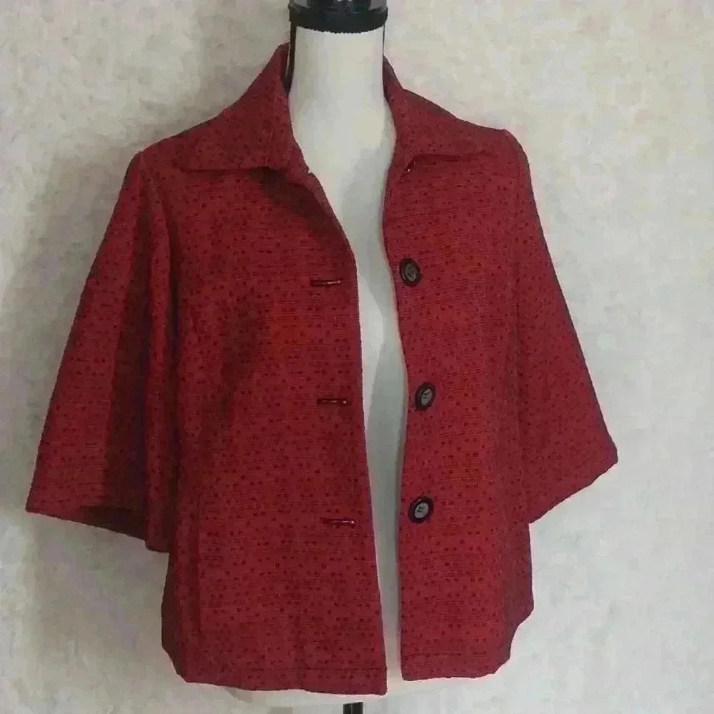 Coldwater Creek Women Red/Black Patterned 3/4 Sleeve Jacket Size S